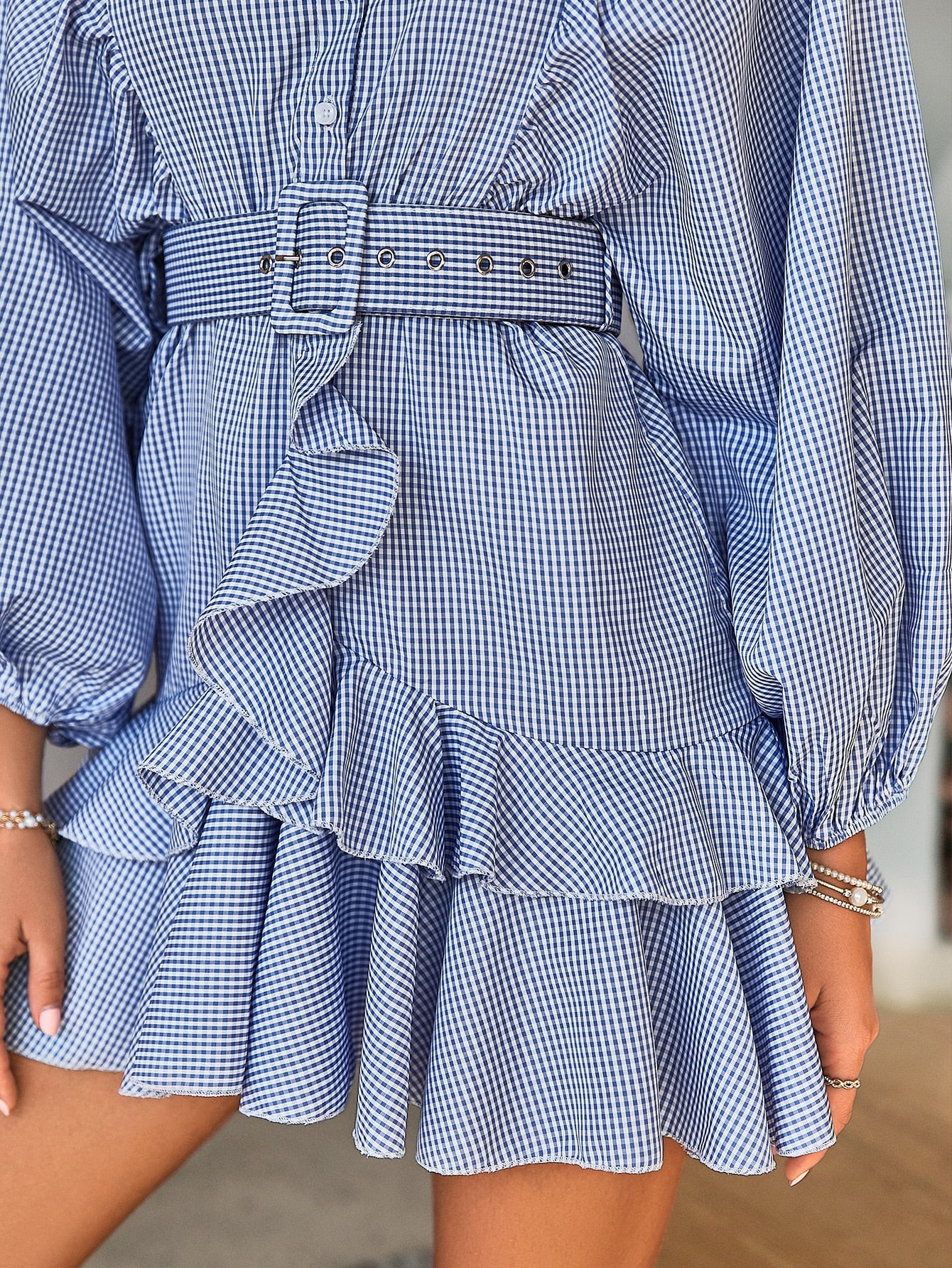 Belt blue plaid batwing long sleeve women dress summer Office ruffle shirt mini dress Casual button A-line Dress - The Clothing Company Sydney
