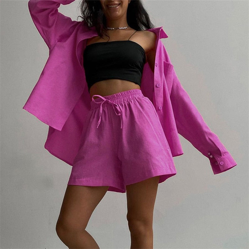 2 Piece Long Sleeve Shirt With Mini Shorts Cotton Stretch Waist Two Pieces Ladies Outfits Blouses Fashion Set The Clothing Company Sydney