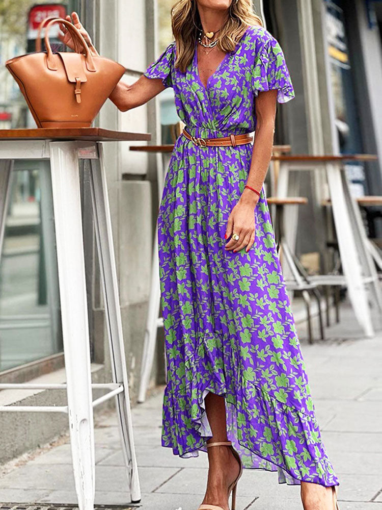 Bohemian Printed V-Neck High Waist Summer Elegant Ruffle Butterfly Sleeve Trumpet / Mermaid Maxi Dress The Clothing Company Sydney