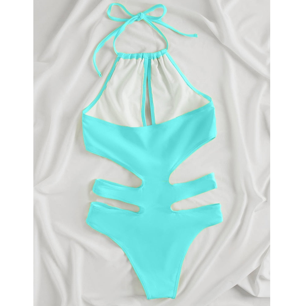 Solid Tied Halter Swimwear Women High Waist Push Up Hollow One Piece Swimsuit Monokini Summer Bathing Suit The Clothing Company Sydney