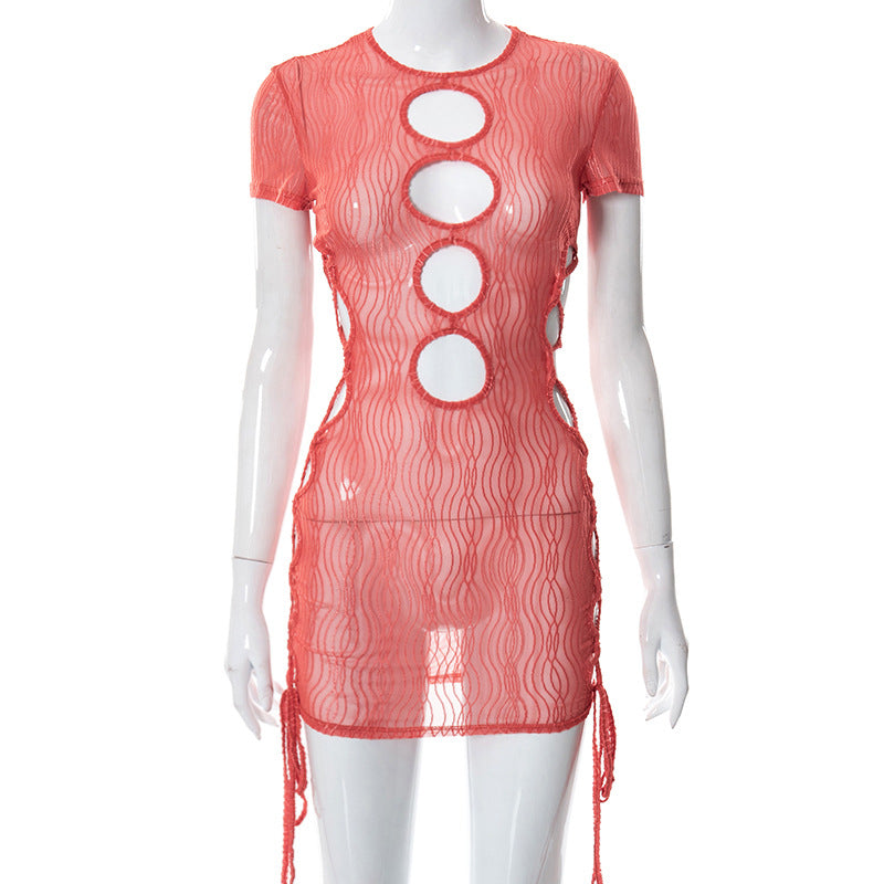 Print Hollow Out Lace Up Mini O Neck Short Sleeve See Through Summer Fairy Grunge Dress The Clothing Company Sydney