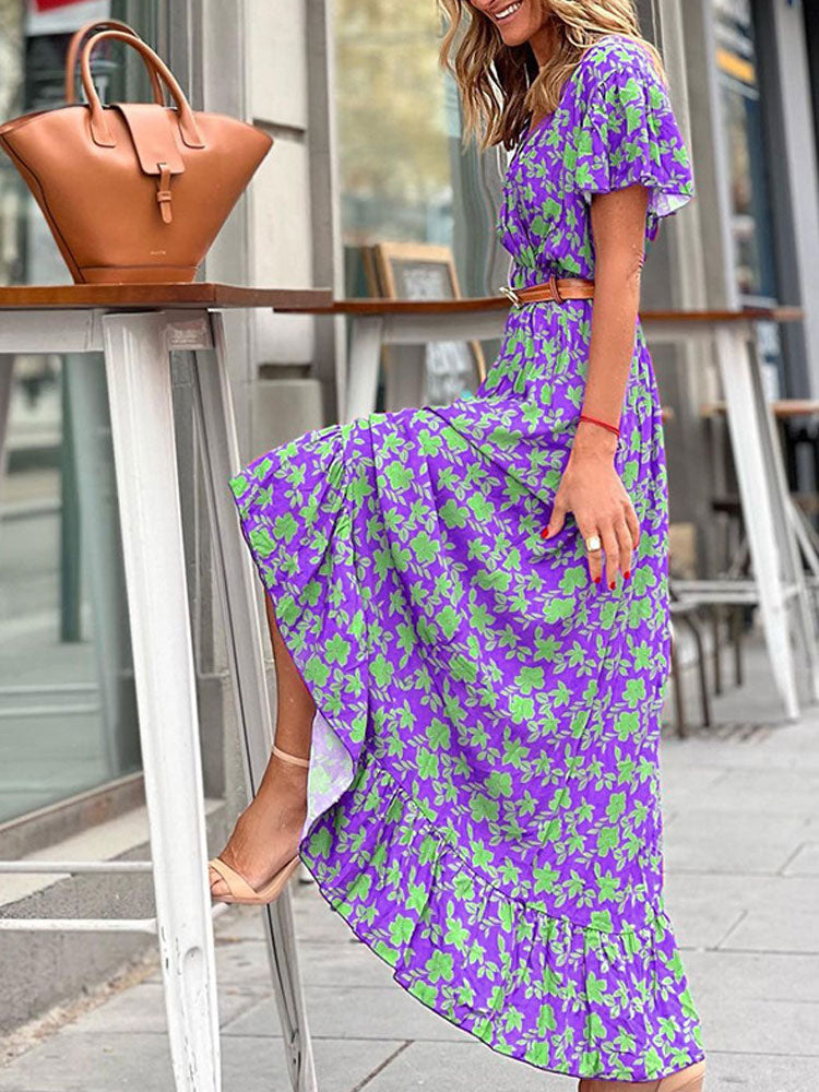 Bohemian Printed V-Neck High Waist Summer Elegant Ruffle Butterfly Sleeve Trumpet / Mermaid Maxi Dress The Clothing Company Sydney