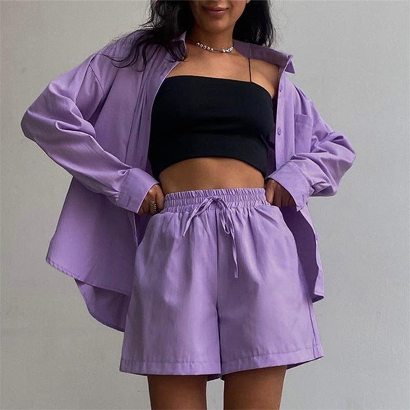 2 Piece Long Sleeve Shirt With Mini Shorts Cotton Stretch Waist Two Pieces Ladies Outfits Blouses Fashion Set The Clothing Company Sydney