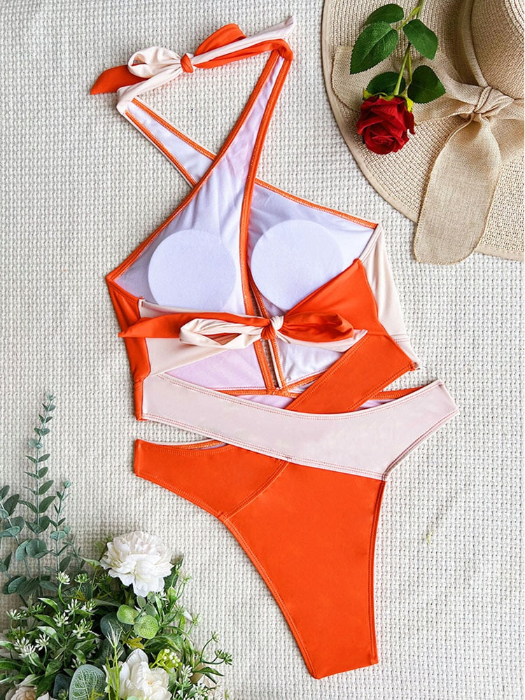 Cut Out Swimsuit One Piece Colorblock Swimwear Wrap Halter Monokini High Cut Bathing Suit Bodysuit Beachwear The Clothing Company Sydney