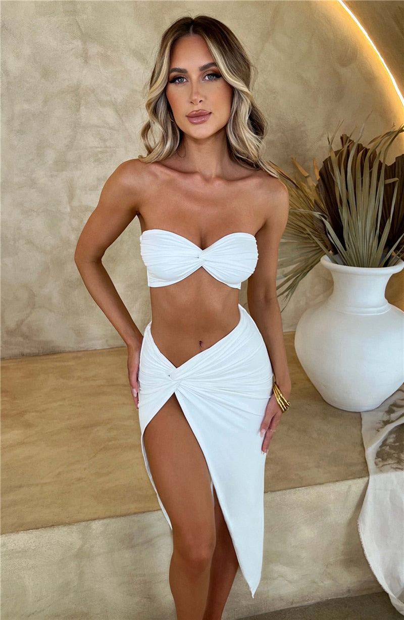 Elegant Strapless Sexy Two Piece Set Women Sleeveless Crop Top And High Split Skirt Matching Sets Party Dress Sets The Clothing Company Sydney