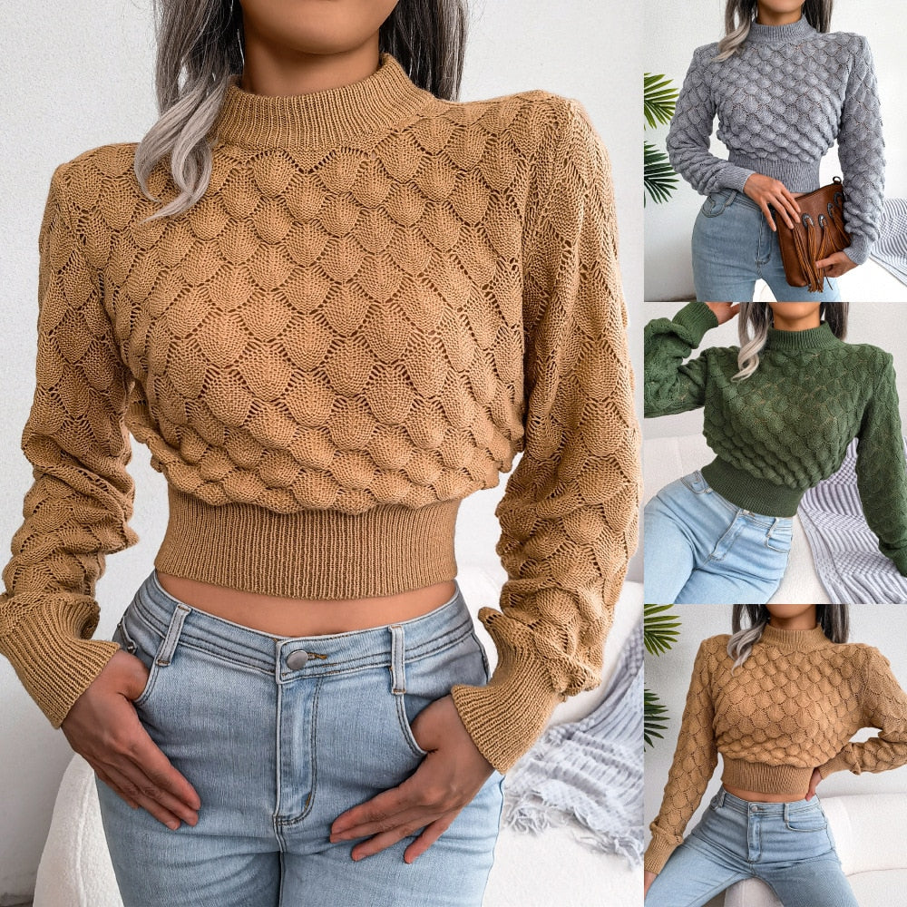 Women's Fashion Fall Winter 3D Diamond Cutout Long Sleeve Solid Color Chic Crop Knit Sweater The Clothing Company Sydney