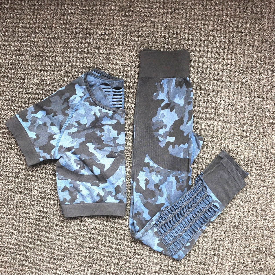 2PCS Camouflage Set Women Yoga Suit Sport Set Gym Workout Clothes Long Sleeve Fitness Crop Top High Waist Seamless Camo Leggings The Clothing Company Sydney