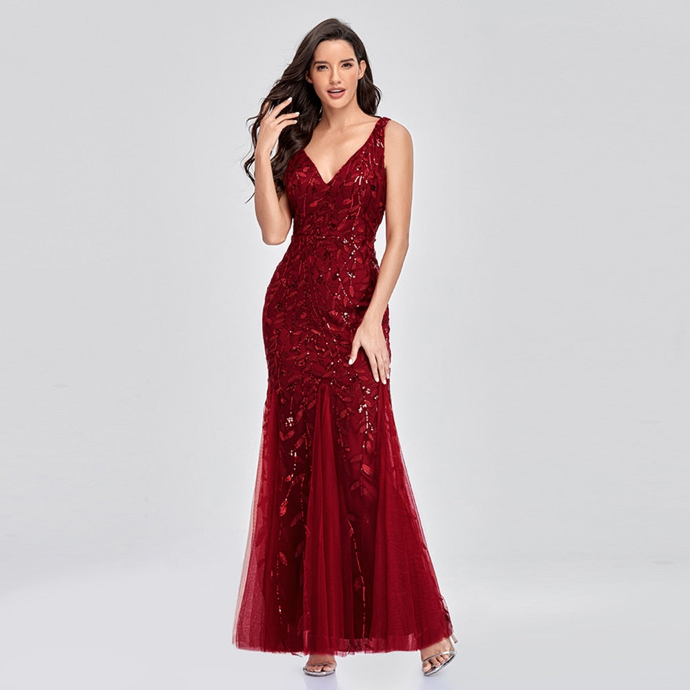 Sleeveless V-neck Tulle Sequins Cocktail V-back Mermaid Party Prom Gown Formal Occasion Embroidered Formal Dress The Clothing Company Sydney