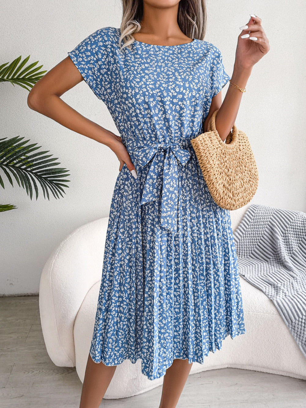 Floral Pleated A Line Long Dress Spring Summer Short Sleeve High Waist Chic Dress The Clothing Company Sydney