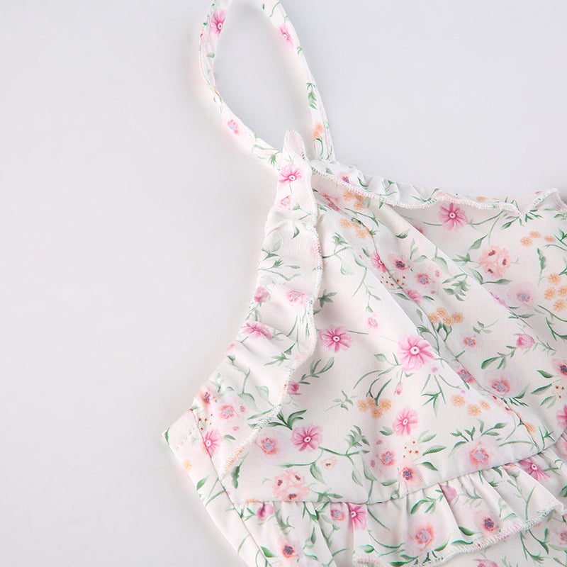French Romantic Strap Floral Printing Summer Fashion Chic Ruffles Pleated Dress Mini Double Layer Dress The Clothing Company Sydney