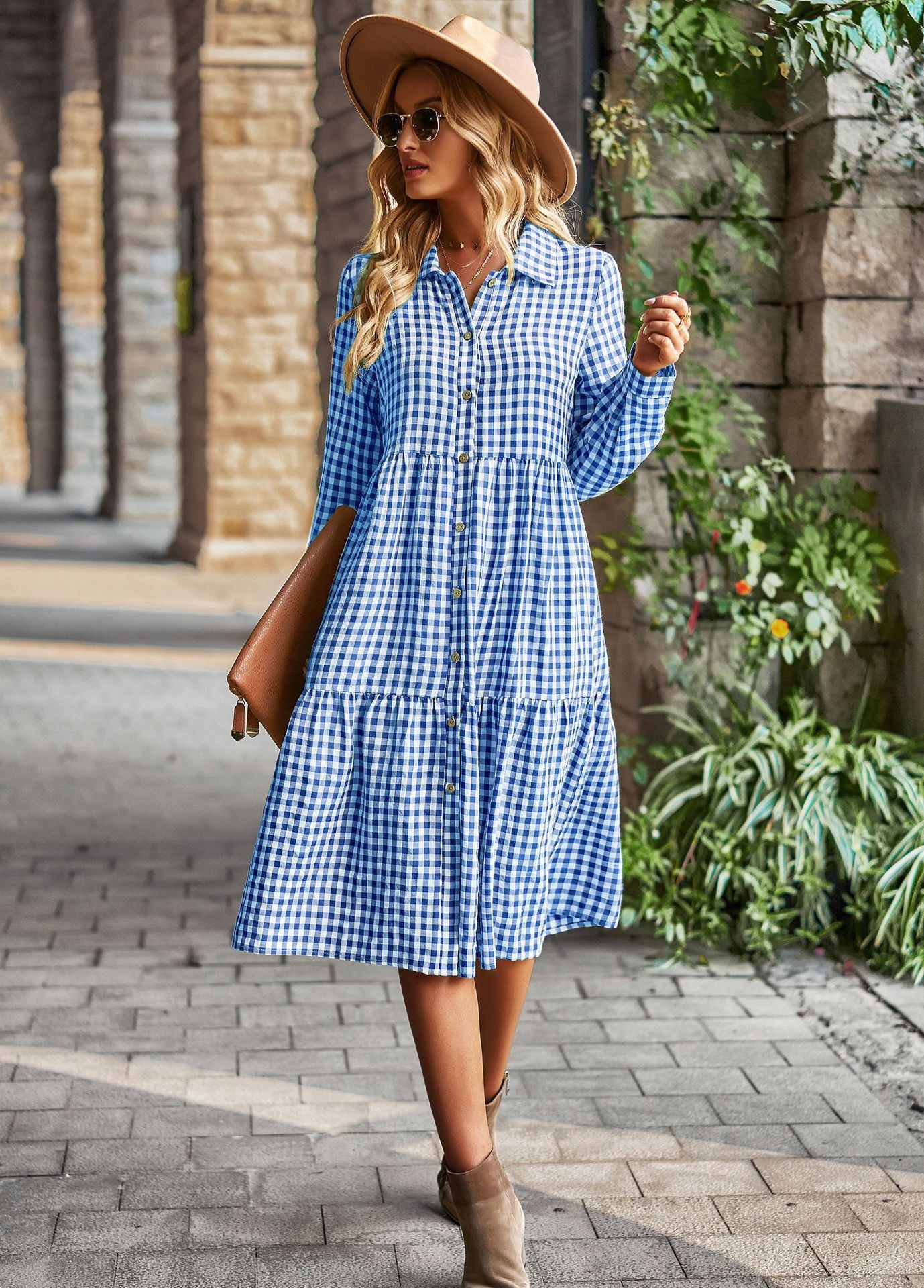 Casual Plaid Shirt Dress For Women Turn Down Long Sleeve Maxi Dress Vintage Single Breasted Patchwork Spring Autumn Dress The Clothing Company Sydney