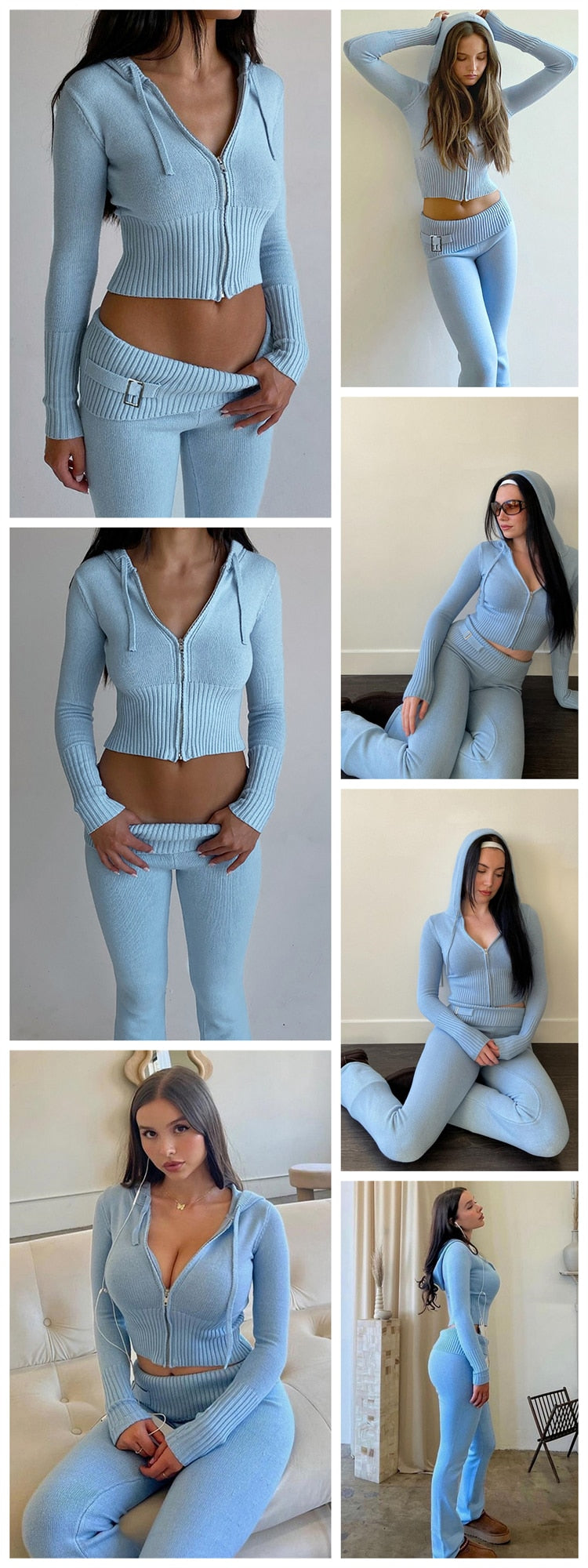 Women's Spring Outfits Casual Zipper Sweater Hoodie Set High Waist Flare Pants Suits Pink Knitted Y2k Two Piece Set The Clothing Company Sydney