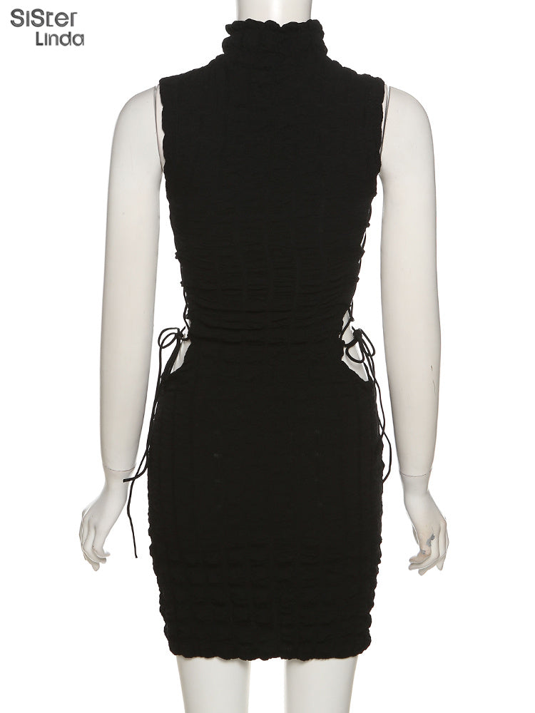 Stacked Plaid Bandage Hollow Y2K Dress Sleeveless Turtleneck String Bodycon Party Clubwear Outfits The Clothing Company Sydney