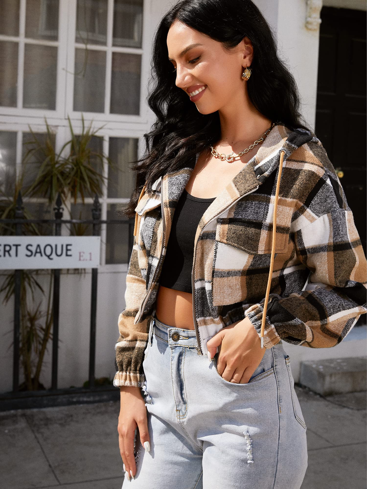 Plaid Flannel Flap Pocket Zip Hooded Jacket Women's Drop Shoulder Coat Zip Up Short Jacket Winter Outwear The Clothing Company Sydney