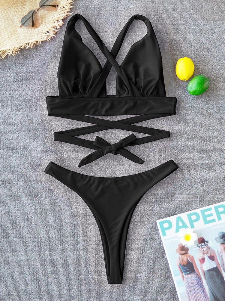 2 Piece Solid Swimsuit Swimwear Push Up Bikini Set Cross Bandage Bathing Suit Beach Wear Swimming Suit The Clothing Company Sydney