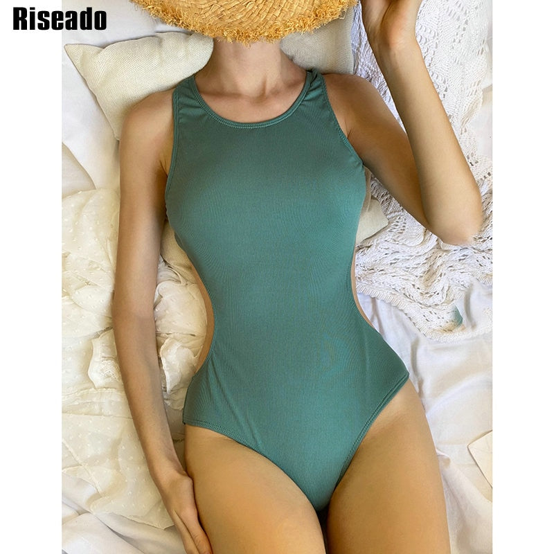Ribbed One Piece Women Swimsuits Cut Out Swimwear High Neck Bodysuit Solid Beachwear Cross Back Monokini Clothing Company Sydney
