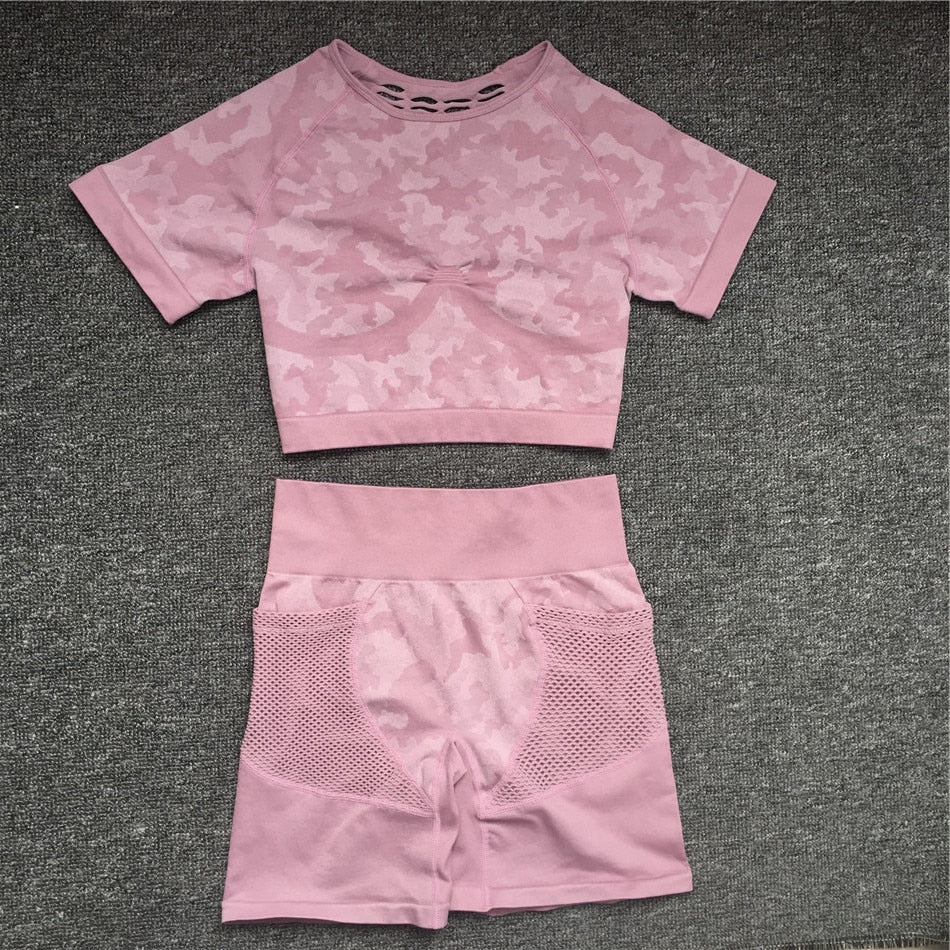 2PCS Camouflage Set Women Yoga Suit Sport Set Gym Workout Clothes Long Sleeve Fitness Crop Top High Waist Seamless Camo Leggings The Clothing Company Sydney