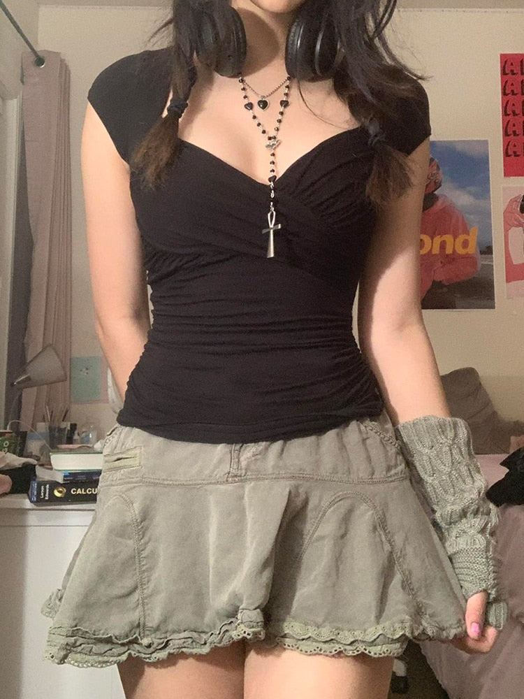 Y2K Cross Crop Top Folds Black Square Collar T Shirt Short Sleeve Square Collar Cute Chic Tee Grunge Tee Retro Top The Clothing Company Sydney