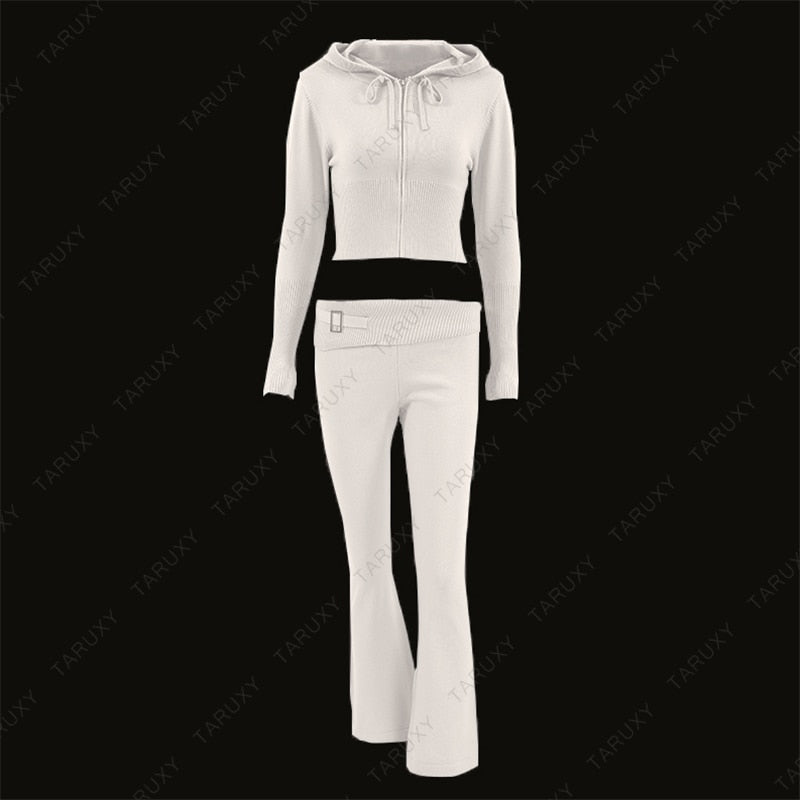 Women's Spring Outfits Casual Zipper Sweater Hoodie Set High Waist Flare Pants Suits Pink Knitted Y2k Two Piece Set The Clothing Company Sydney