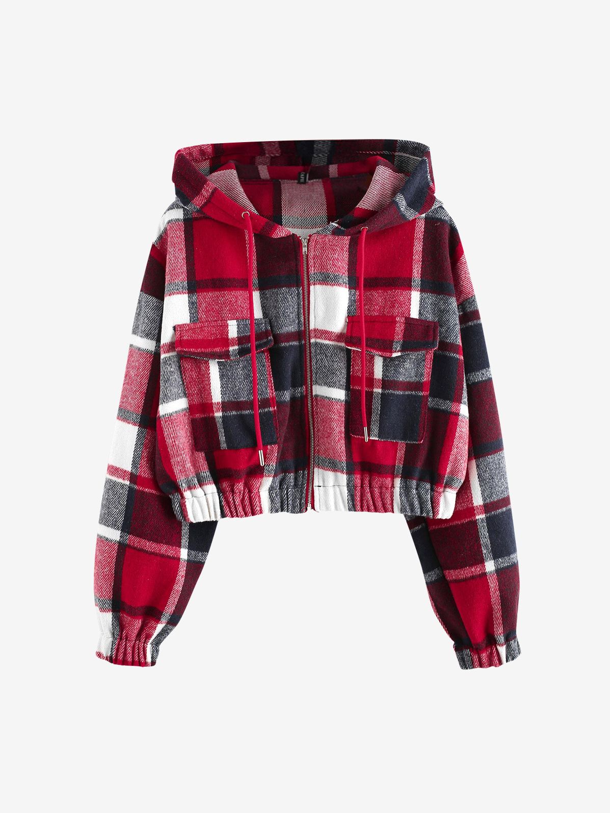 Plaid Flannel Flap Pocket Zip Hooded Jacket Women's Drop Shoulder Coat Zip Up Short Jacket Winter Outwear The Clothing Company Sydney