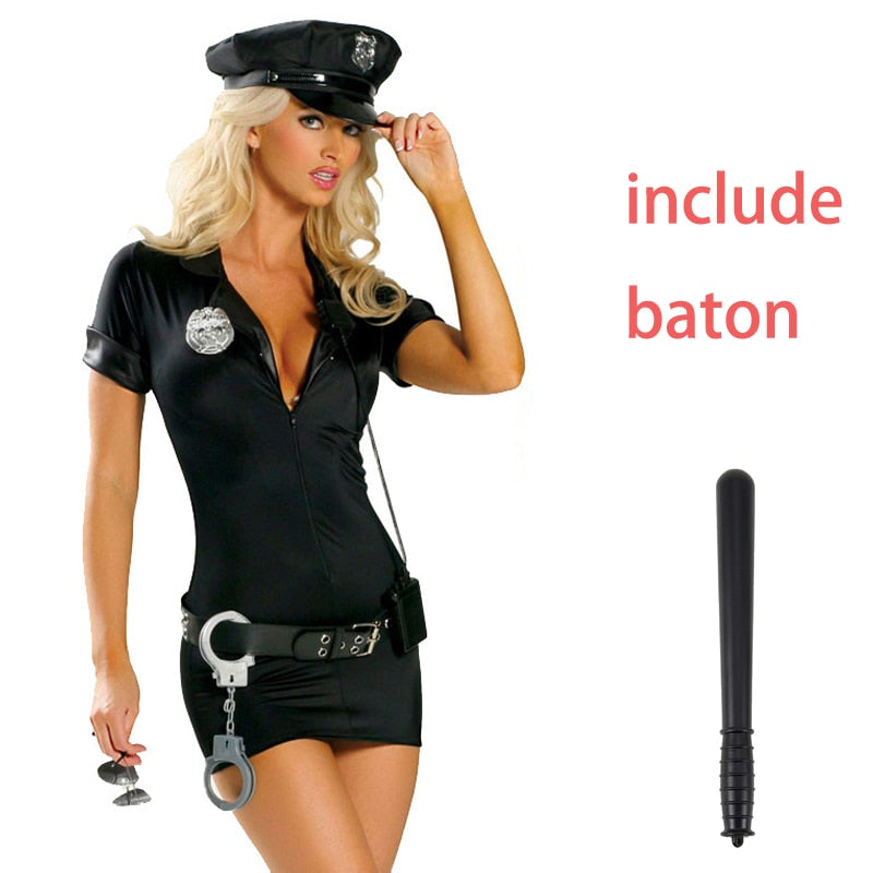 Female Cop Officer Policewomen Outfit Black Zipper Satin Police Women Cosplay Costume The Clothing Company Sydney