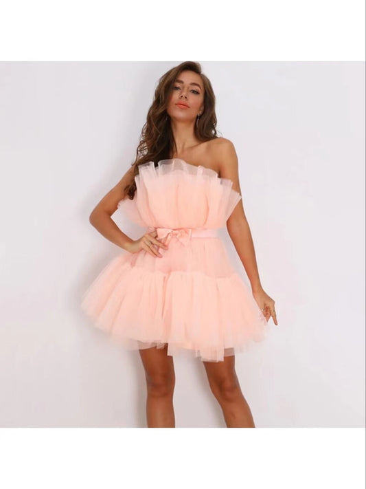 Mesh Solid Bow Mini Dress Women Layered Strapless Ball Gown Sexy Party Club Dress Backless Summer Dress The Clothing Company Sydney