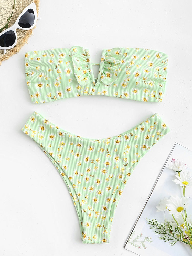 V-wired Ruffle Ribbed High Cut Bikini Swimwear High Cut Strapless Lace Up Removable Padded Women Bathing Suit The Clothing Company Sydney