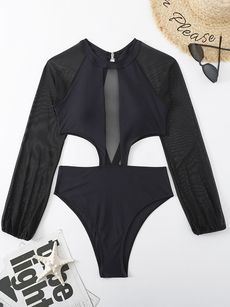 One Piece Swimsuit Swimwear Solid Long Sleeve Backless Rhinestones Diamond Thong Bathing Suit Monokini The Clothing Company Sydney