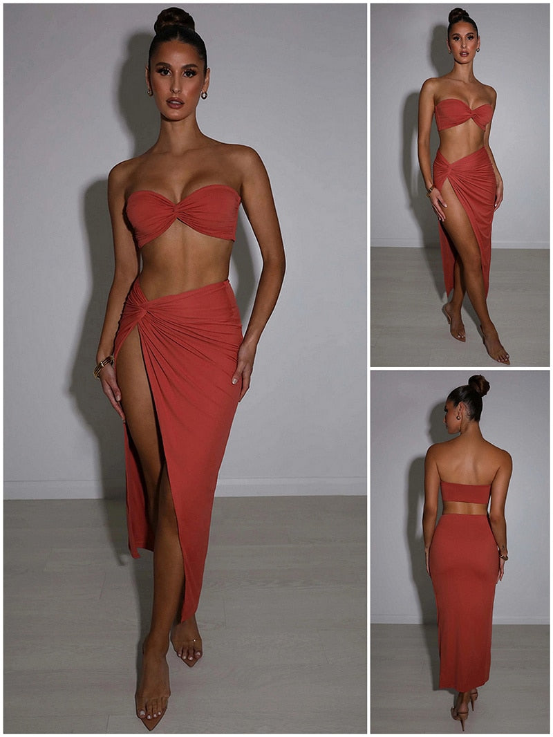 Elegant Strapless Sexy Two Piece Set Women Sleeveless Crop Top And High Split Skirt Matching Sets Party Dress Sets The Clothing Company Sydney