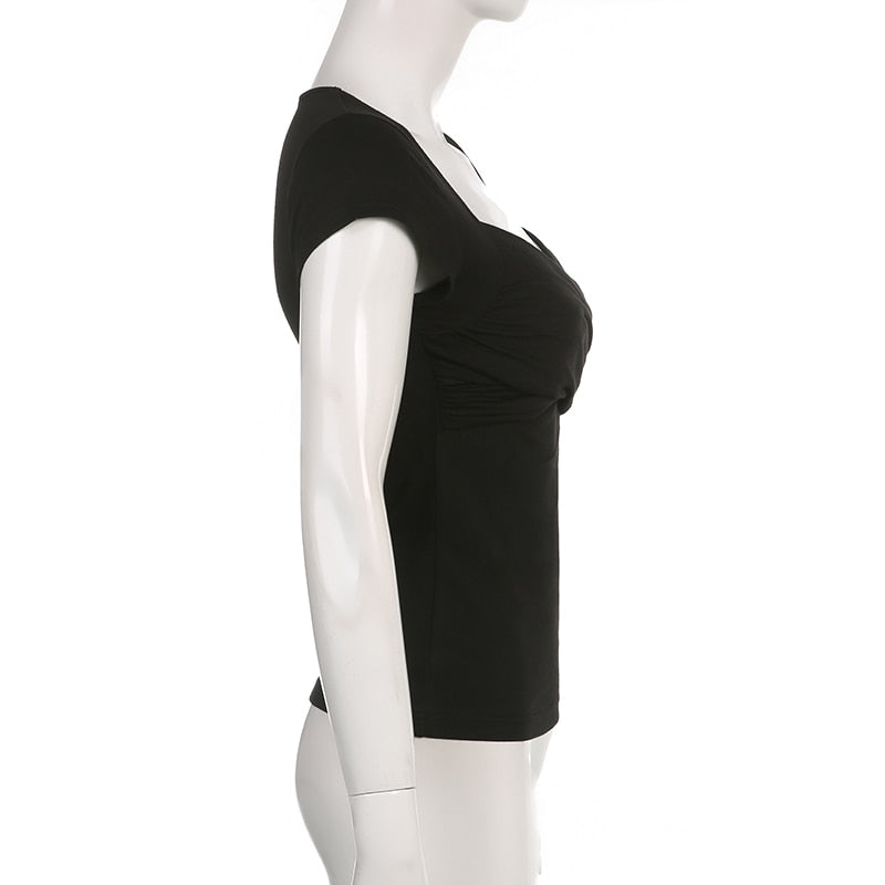 Y2K Cross Crop Top Folds Black Square Collar T Shirt Short Sleeve Square Collar Cute Chic Tee Grunge Tee Retro Top The Clothing Company Sydney