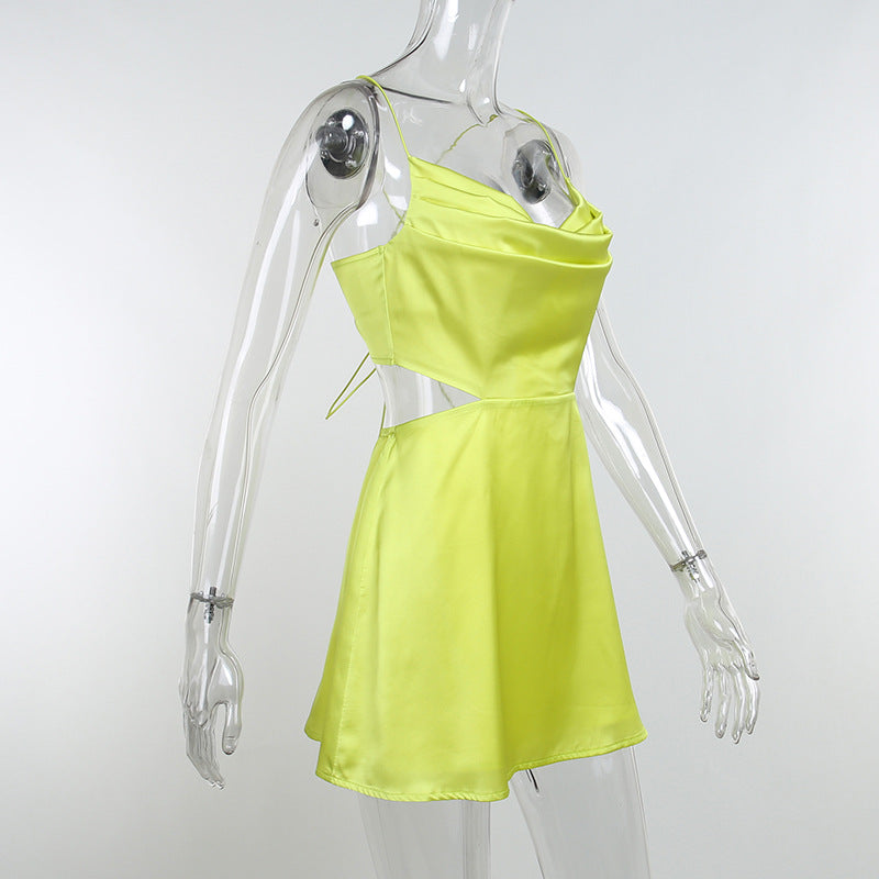 Spaghetti Strap Backless Satin Cut Out Mini Summer Dresses Elegant Cowl Neck Party Dress in Green Black The Clothing Company Sydney