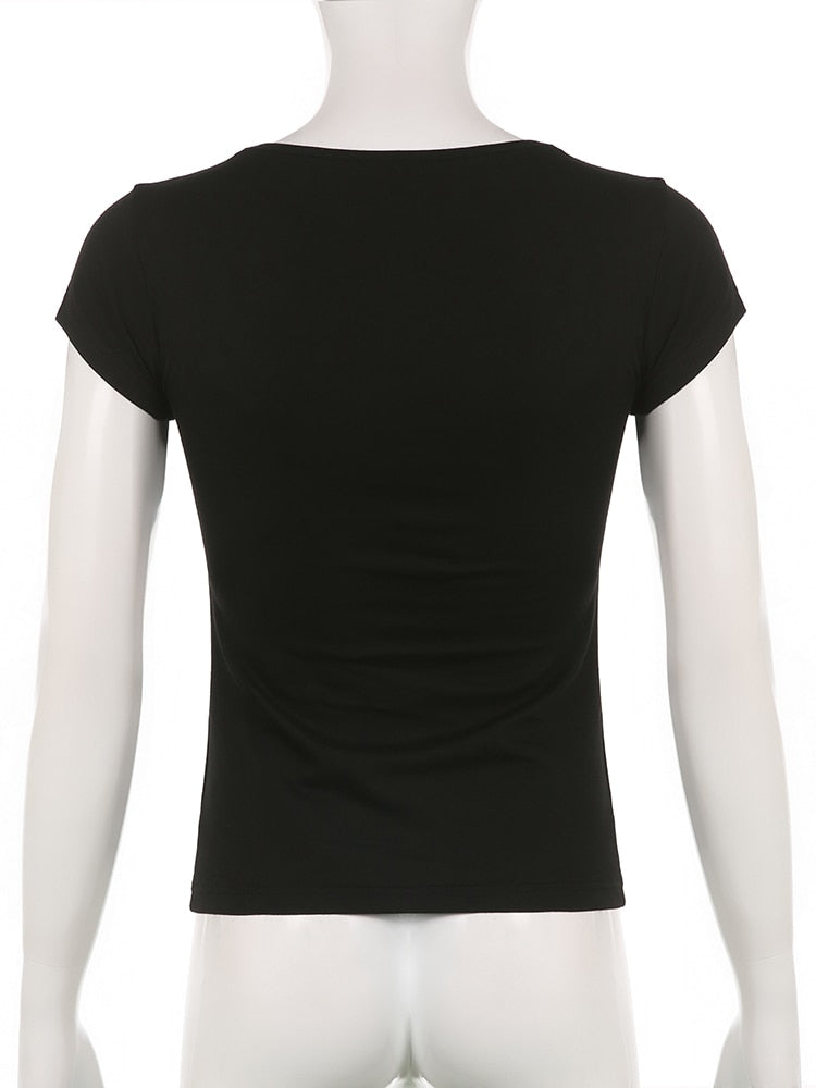 Y2K Cross Crop Top Folds Black Square Collar T Shirt Short Sleeve Square Collar Cute Chic Tee Grunge Tee Retro Top The Clothing Company Sydney
