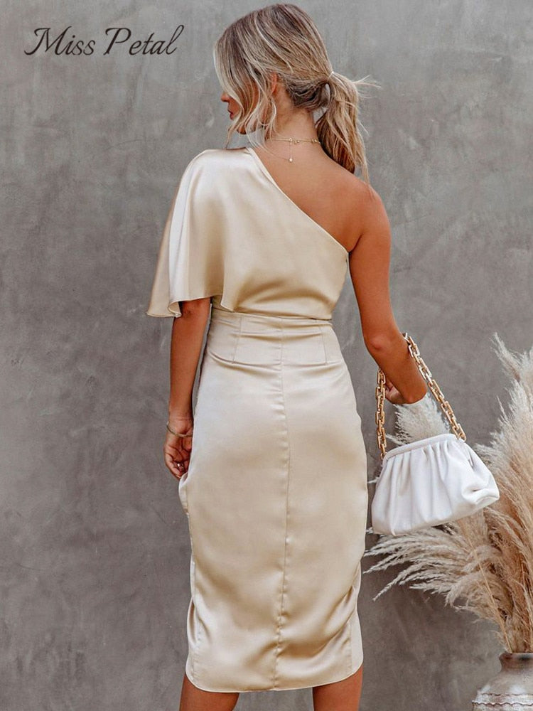 Satin One Shoulder Irregular Hem Midi Dress Solid Champagne Fitted Club Party Bodycon Dress Summer Dress The Clothing Company Sydney