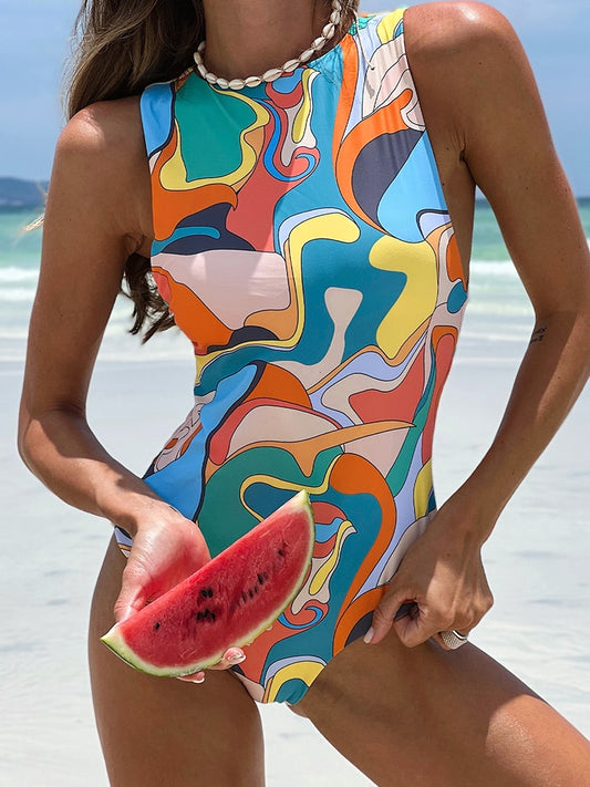 High cut swimsuit One piece swimwear vintage print bikini zipper Monokini bathing suits push up beachwear The Clothing Company Sydney