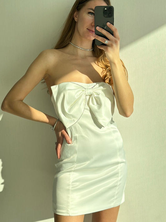 Satin Strapless White Bodycon Dress Mini Diamonds Bow Wedding Guest Night Party Dresses Summer Women's Dress The Clothing Company Sydney