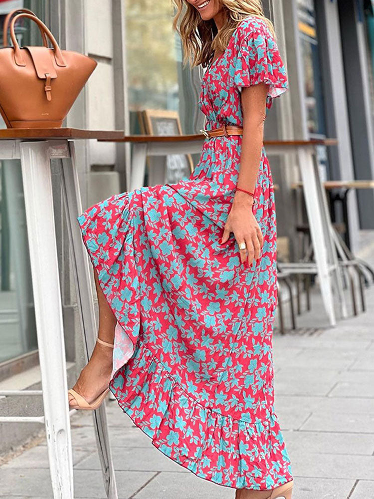 Bohemian Printed V-Neck High Waist Summer Elegant Ruffle Butterfly Sleeve Trumpet / Mermaid Maxi Dress The Clothing Company Sydney