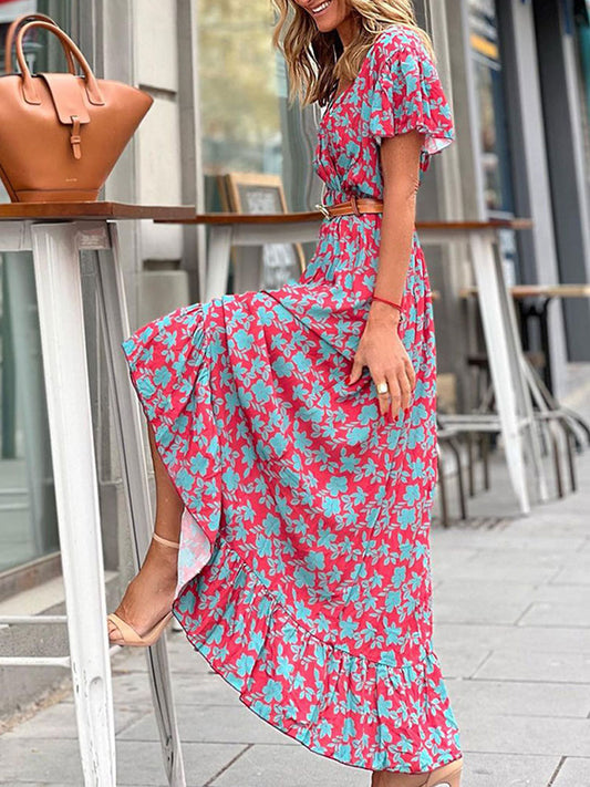 Bohemian Printed V-Neck High Waist Summer Elegant Ruffle Butterfly Sleeve Trumpet / Mermaid Maxi Dress The Clothing Company Sydney