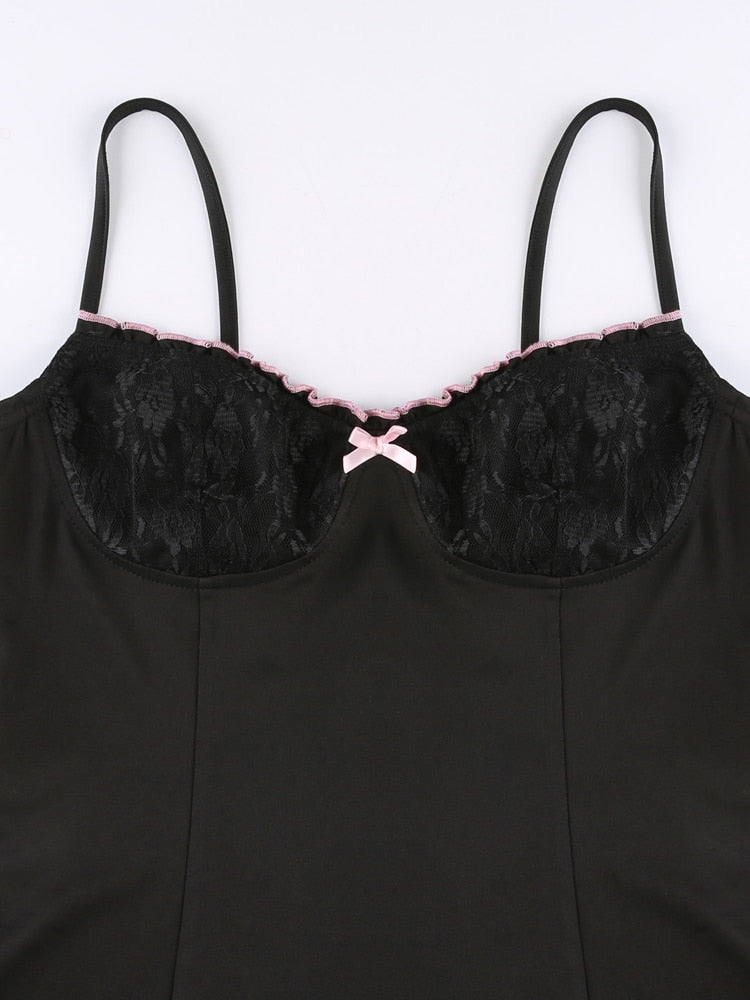 Y2K Retro Lace Patchwork Strap Bow Black Dress Mini Fashion Aesthetic Bow Club Party Dresses for Women Outfits The Clothing Company Sydney