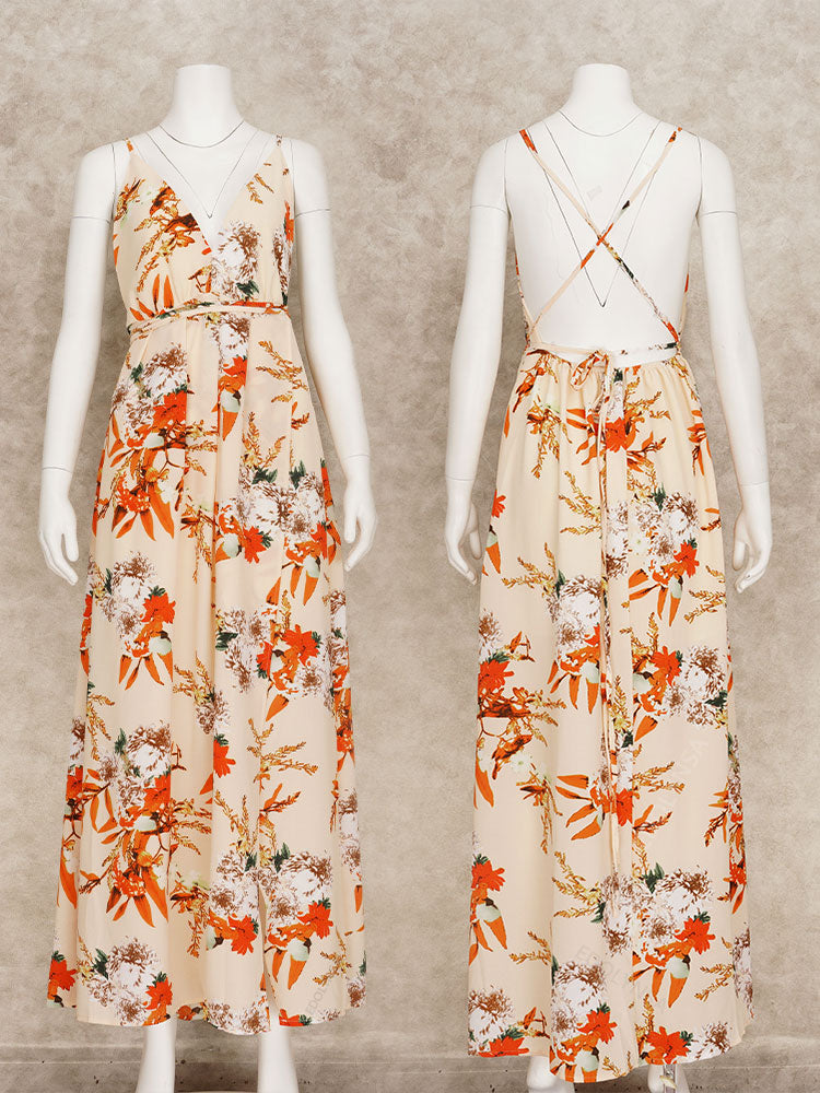 Elegant Ladies Print Spaghetti Strap Beach Holiday High Waist A-line Dress Casual Summer Split Dress The Clothing Company Sydney