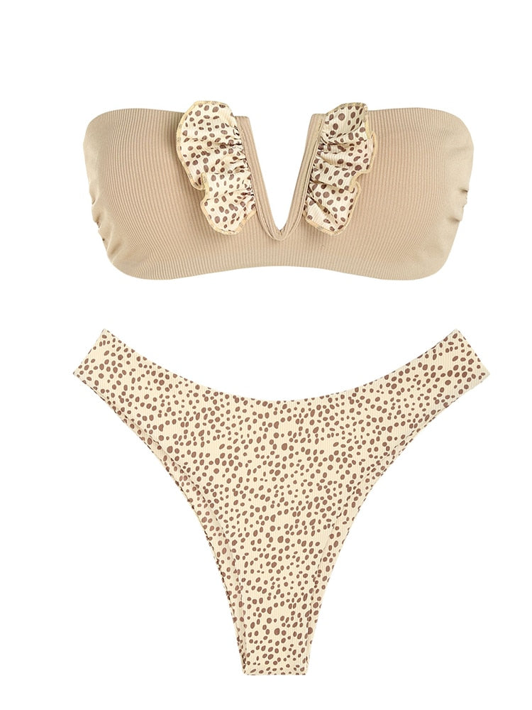 V-wired Ruffle Ribbed High Cut Bikini Swimwear High Cut Strapless Lace Up Removable Padded Women Bathing Suit The Clothing Company Sydney