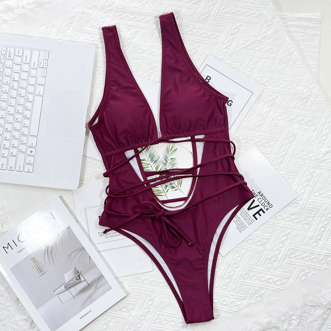 Bandage Wrap Around Tummy Cut Out Deep V Monokini One Piece Swimsuit Swimwear Bather Bathing Suit