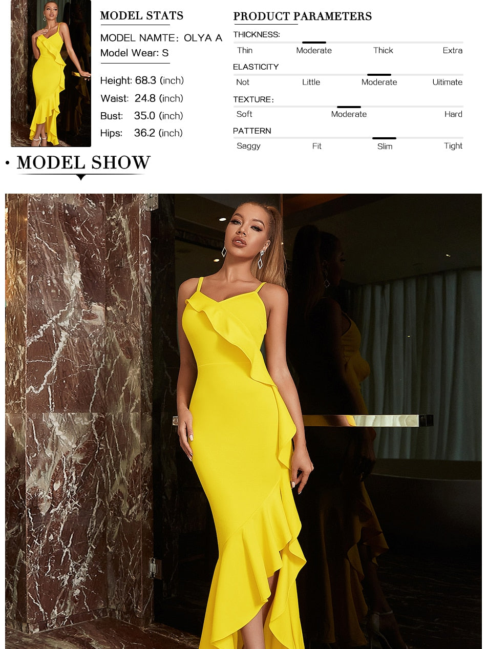 Ruffles Spaghetti Strap Fashion Dress Summer V Neck Yellow Sleeveless Celebrity Evening Club Casual Party Maxi Dress The Clothing Company Sydney
