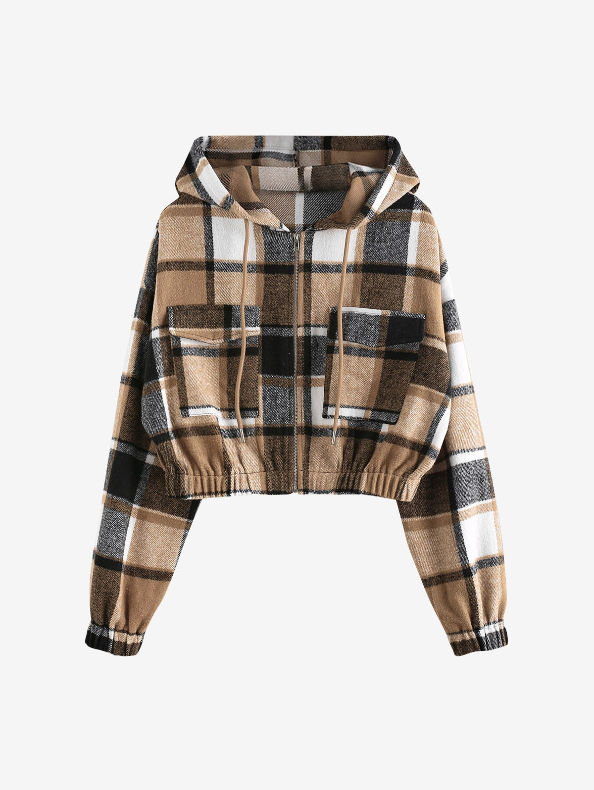Plaid Flannel Flap Pocket Zip Hooded Jacket Women's Drop Shoulder Coat Zip Up Short Jacket Winter Outwear The Clothing Company Sydney