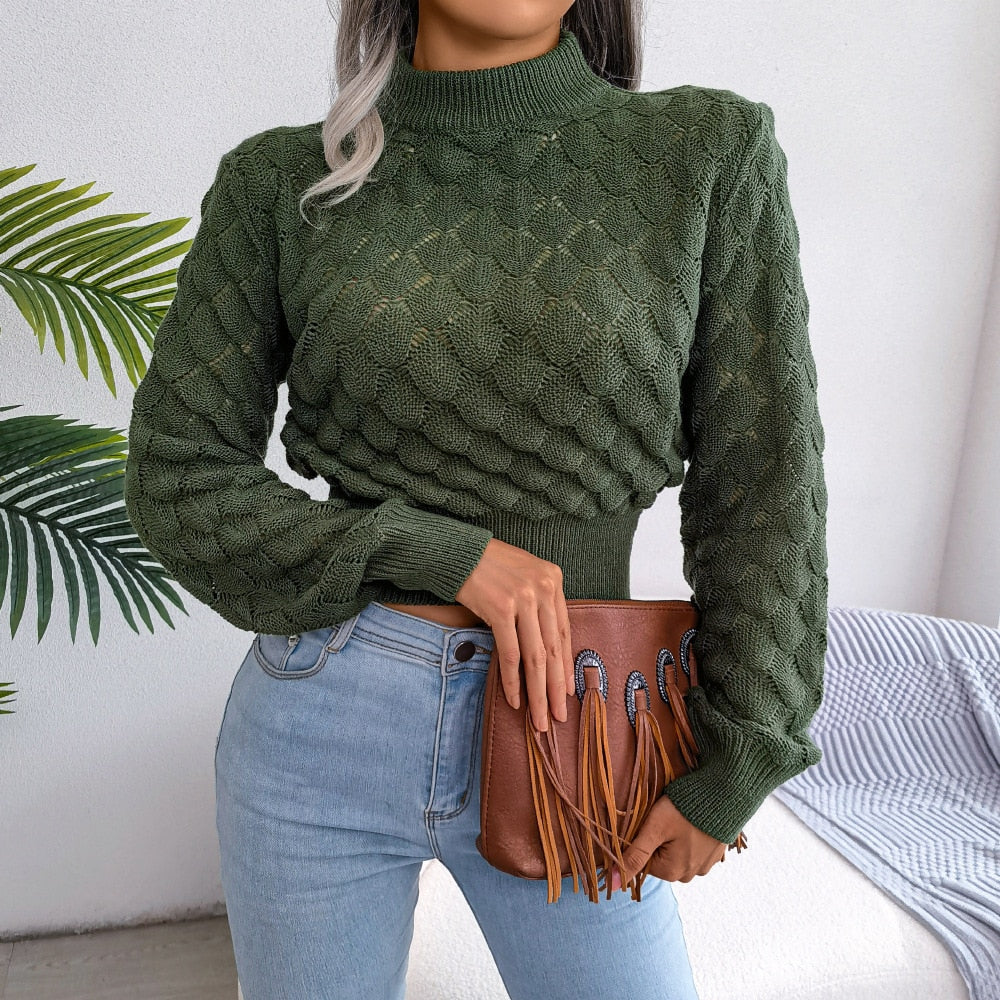 Women's Fashion Fall Winter 3D Diamond Cutout Long Sleeve Solid Color Chic Crop Knit Sweater The Clothing Company Sydney