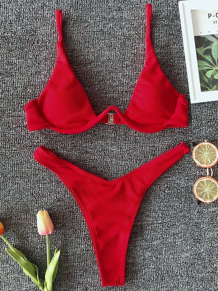 Neon V-bar Underwired Bikini Ribbed Swimsuit Women Thong Swimwear Two-pieces Bikini set Push up Bathing Suit The Clothing Company Sydney