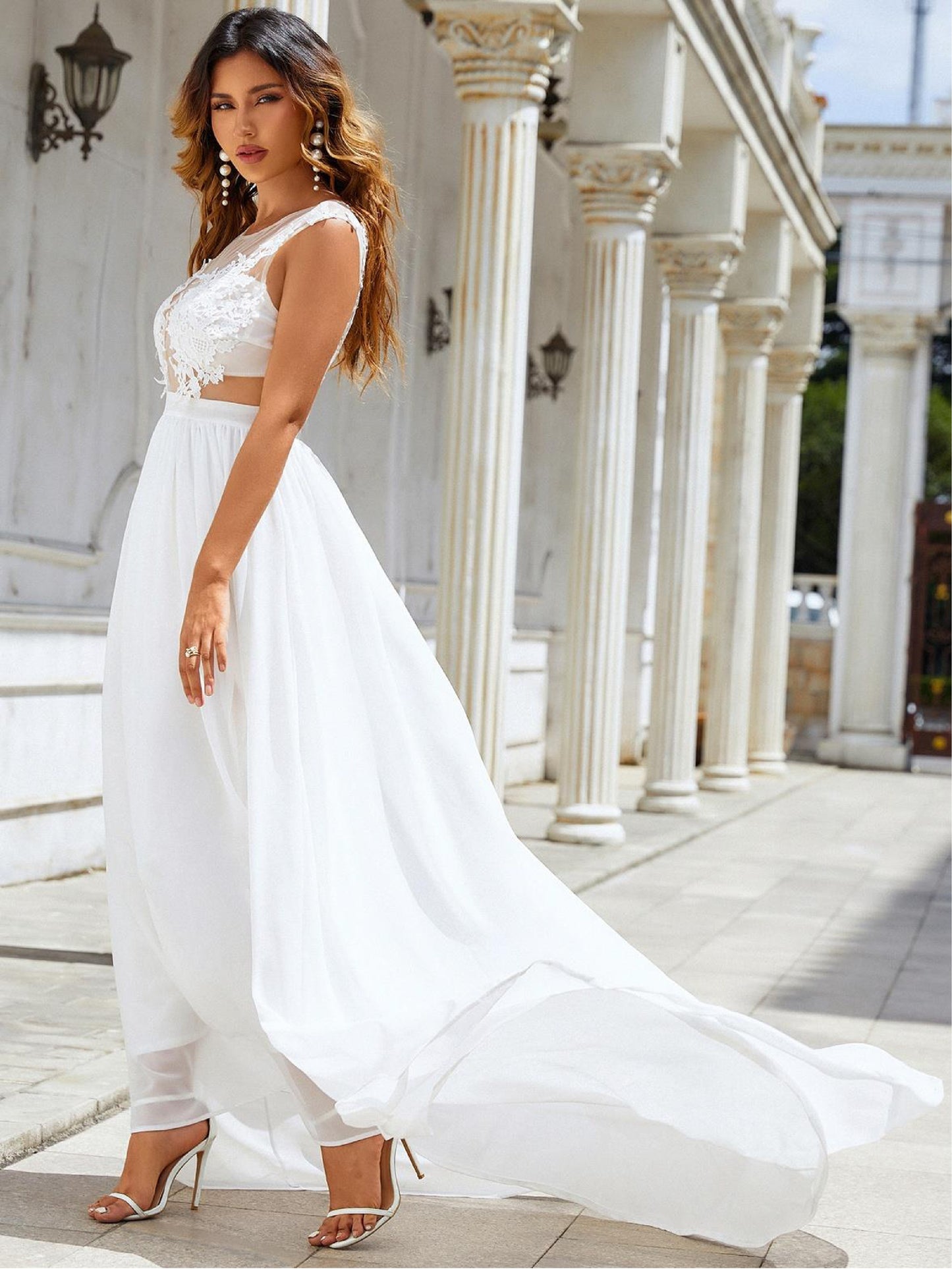 White Tulle Wedding Party Dresses for Women Lace Hollow Out Bridal Prom Gown Sweetheart Split A-Line Dress - The Clothing Company Sydney