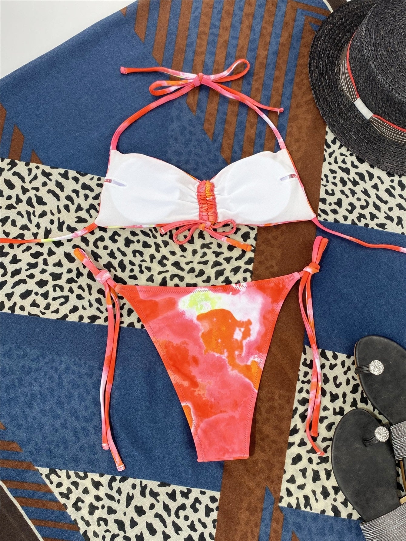 Tie Dye Drawstring Front Thong Bikini Swimsuit Two Piece Swimwear Bikini Set Summer Beach Bathing Suit The Clothing Company Sydney