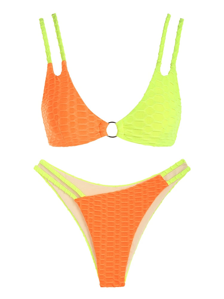 Two Tone Color Block O-ring Honeycomb Textured Bikini Swimwear Mix & Match Swimsuit Separates Beach Top And Bottom The Clothing Company Sydney