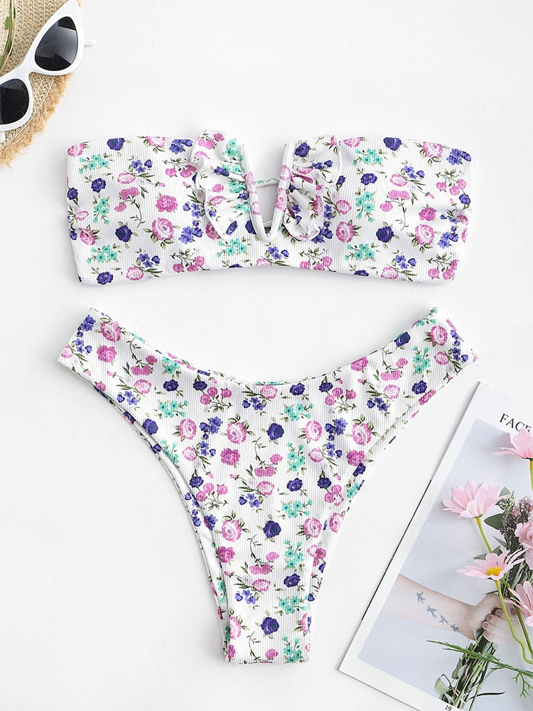 V-wired Ruffle Ribbed High Cut Bikini Swimwear High Cut Strapless Lace Up Removable Padded Women Bathing Suit The Clothing Company Sydney