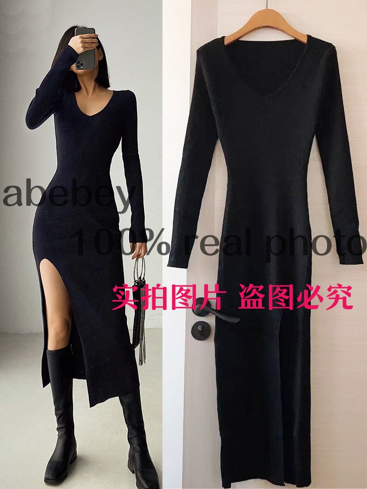 Long Sleeve slit sweater dress slim tight fitting hip knit over the knee dresses The Clothing Company Sydney